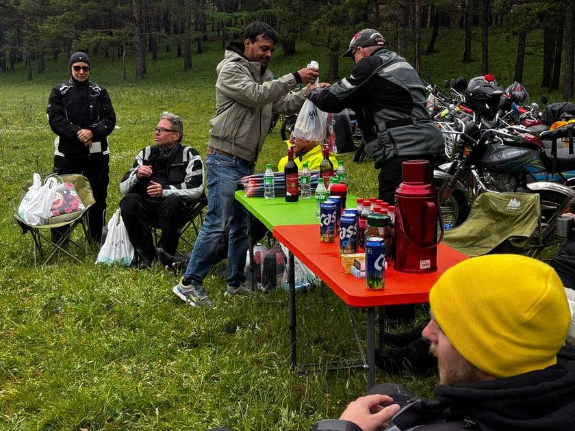Sharing gifts at a camp table