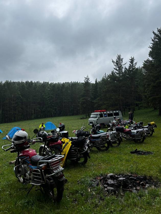 Motorcycles and tents at a forest camp